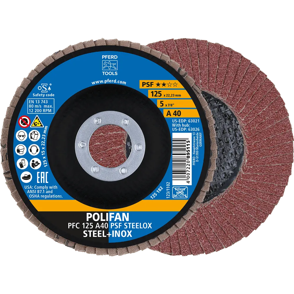 Produktfoto 1 von PFERD TOOLS POLIFAN Fächerscheibe PFC 125x22,23 mm konisch A40 Uni.-Linie PSF STEELOX Stahl/Edelstahl, 10 Stk.