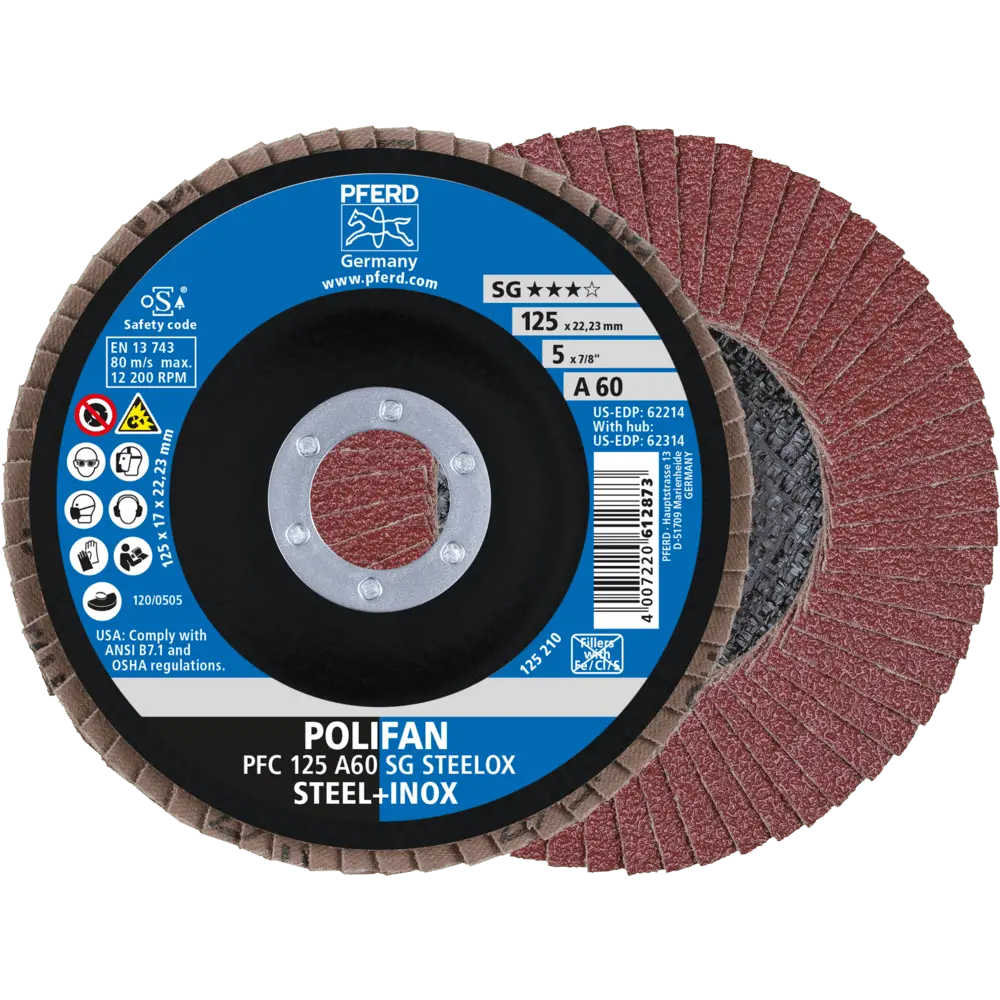 Produktfoto 1 von PFERD TOOLS POLIFAN Fächerscheibe PFC 125x22,23 mm konisch A60 SG STEELOX Stahl/Edelstahl, 10 Stk.