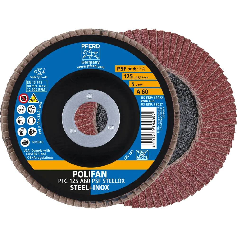 PFERD TOOLS POLIFAN Fächerscheibe PFC 125x22,23 mm konisch A60 Uni.-Linie PSF STEELOX Stahl/Edelstahl, 10 Stk.