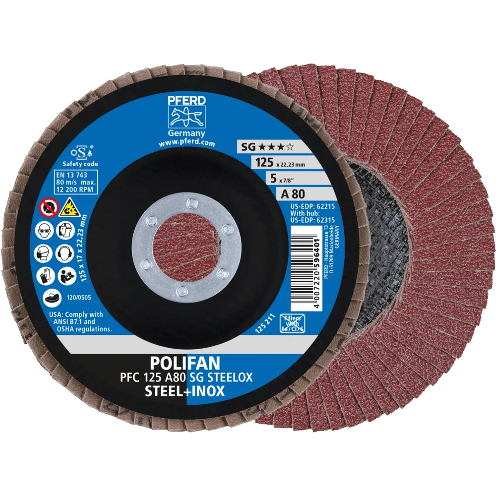 Produktfoto 1 von PFERD TOOLS POLIFAN Fächerscheibe PFC 125x22,23 mm konisch A80 SG STEELOX Stahl/Edelstahl, 10 Stk.