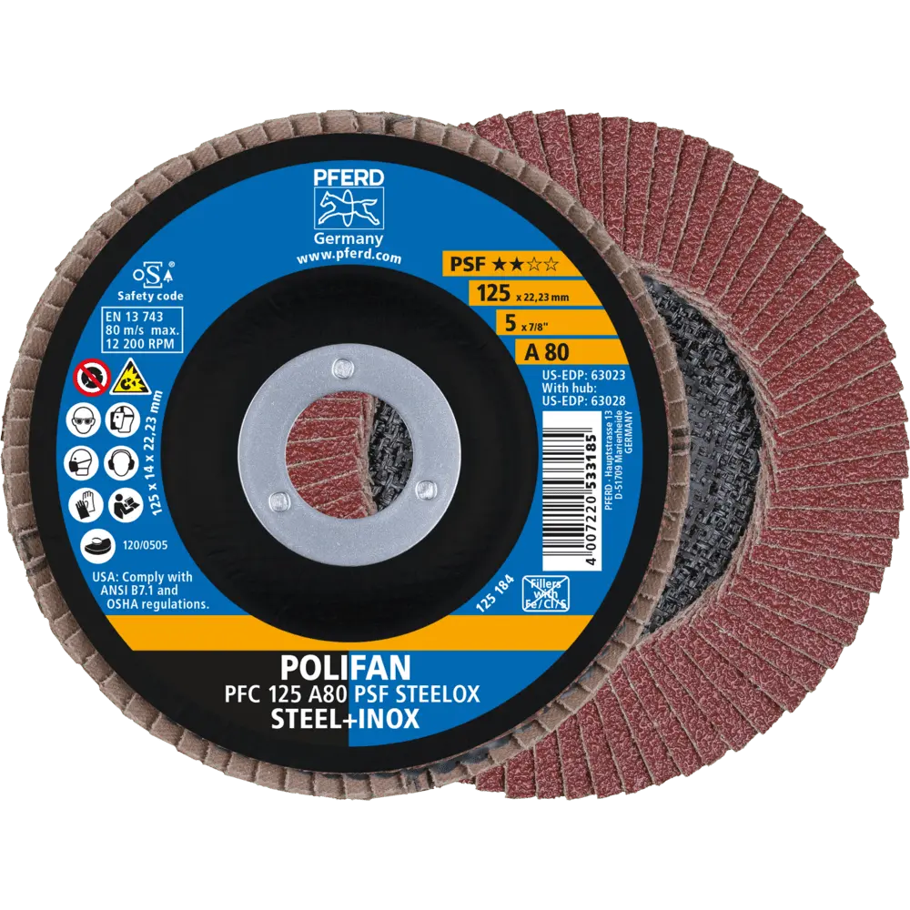 Produktfoto 1 von PFERD TOOLS POLIFAN Fächerscheibe PFC 125x22,23 mm konisch A80 Uni.-Linie PSF STEELOX Stahl/Edelstahl, 10 Stk.