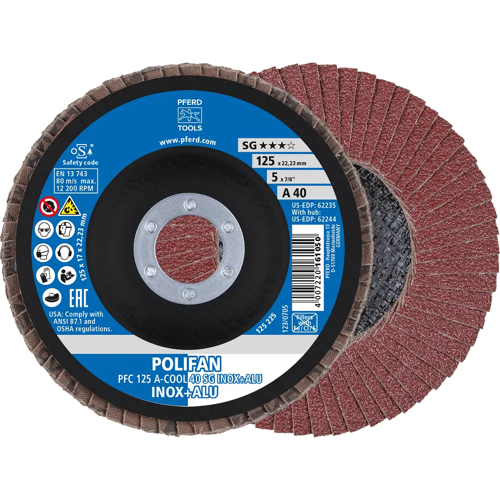 Produktfoto 1 von PFERD TOOLS POLIFAN Fächerscheibe PFC 125x22,23 mm konisch A-COOL 40 SG INOX+ALU Edelstahl/Alu, 10 Stk.