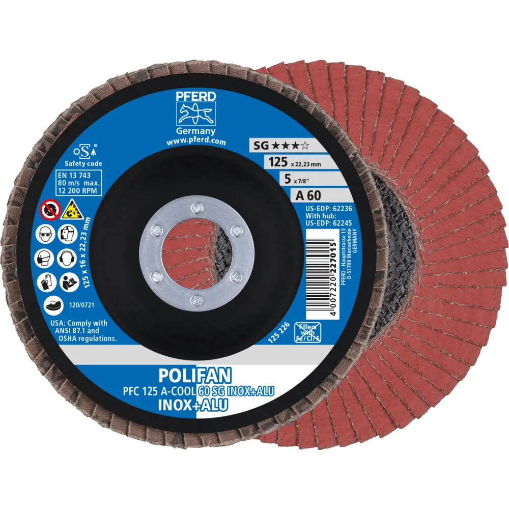 Produktfoto 1 von PFERD TOOLS POLIFAN Fächerscheibe PFC 125x22,23 mm konisch A-COOL 60 SG INOX+ALU Edelstahl/Alu, 10 Stk.