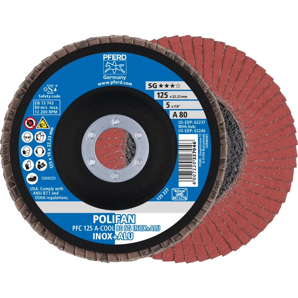 Produktfoto 1 von PFERD TOOLS POLIFAN Fächerscheibe PFC 125x22,23 mm konisch A-COOL 80 SG INOX+ALU Edelstahl/Alu, 10 Stk.