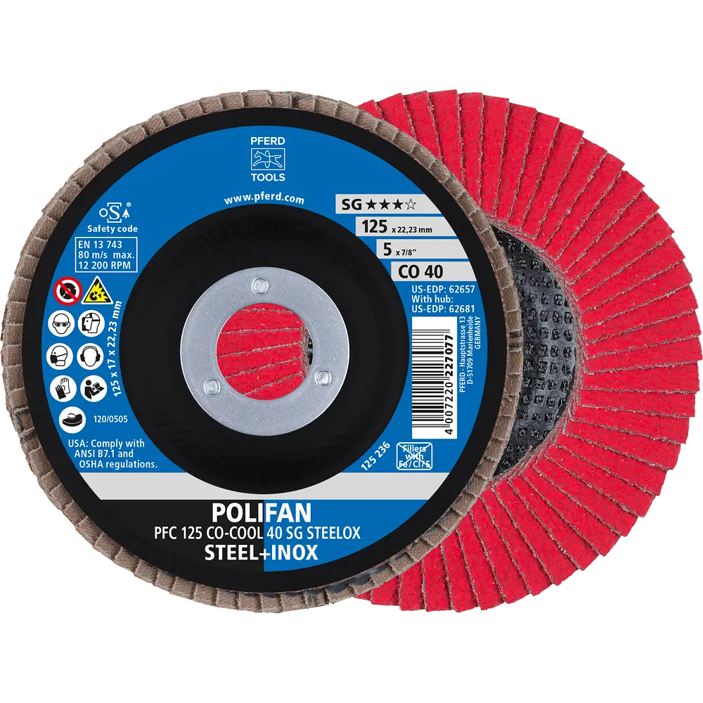Produktfoto 1 von PFERD TOOLS POLIFAN Fächerscheibe PFC 125x22,23 mm konisch CO-COOL 40 SG STEELOX Stahl/Edelstahl, 10 Stk.