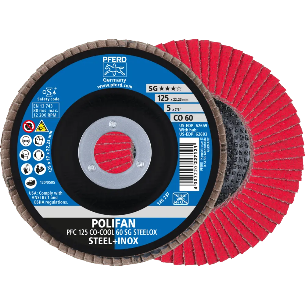 Produktfoto 1 von PFERD TOOLS POLIFAN Fächerscheibe PFC 125x22,23 mm konisch CO-COOL 60 SG STEELOX Stahl/Edelstahl, 10 Stk.