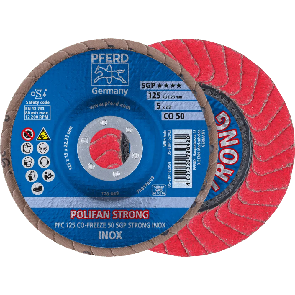 Produktfoto 1 von PFERD TOOLS POLIFAN STRONG Fächerscheibe PFC 125x22,23 mm konisch CO-FREEZE 50 SGP INOX für Edelstahl, 10 Stk.