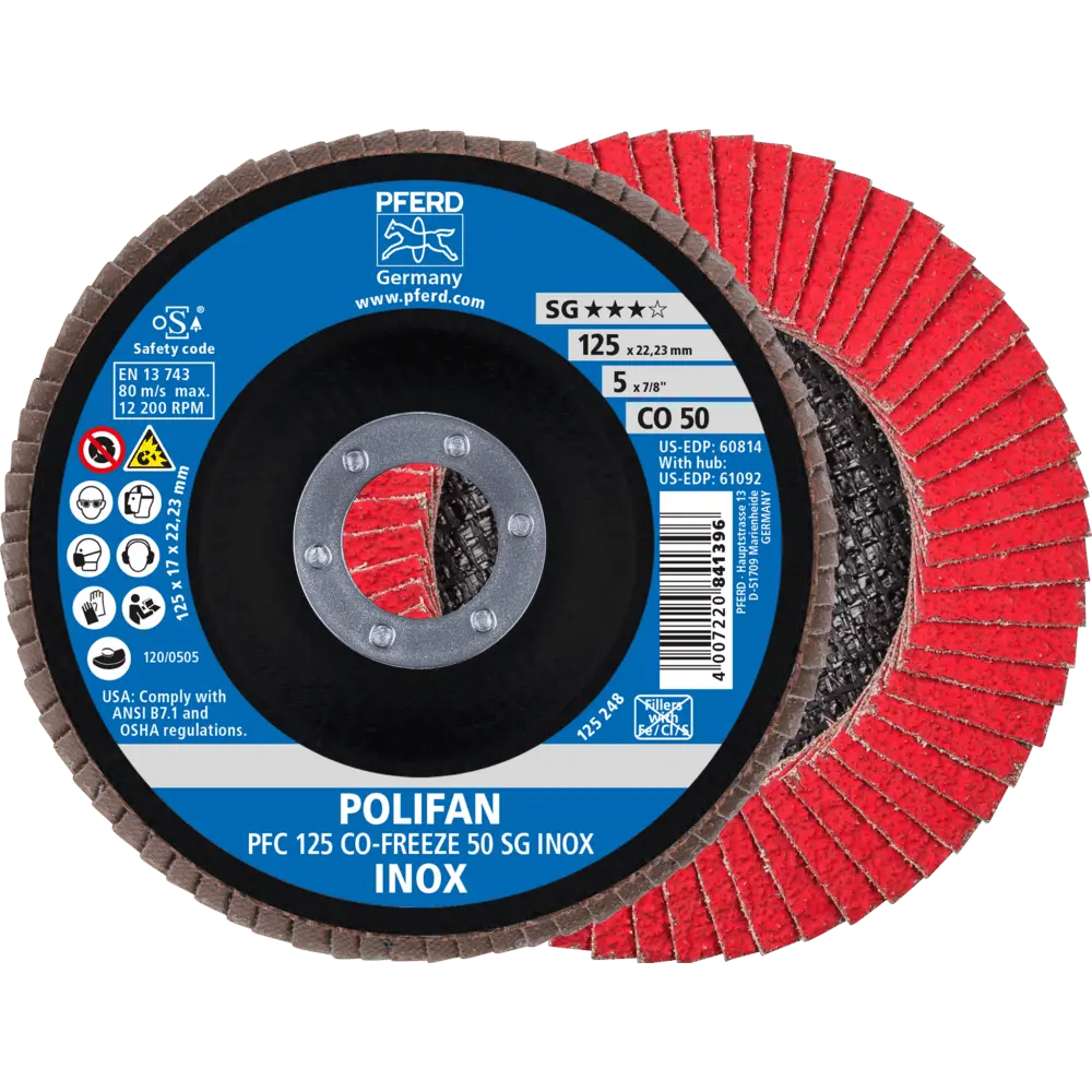 Produktfoto 1 von PFERD TOOLS POLIFAN Fächerscheibe PFC 125x22,23 mm konisch CO-FREEZE 50 SG INOX Edelstahl, 10 Stk.
