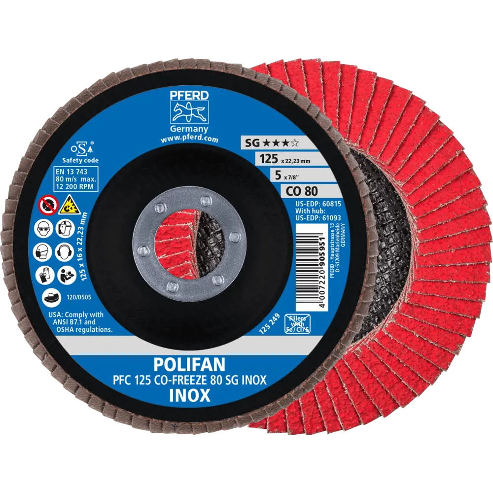 Produktfoto 1 von PFERD TOOLS POLIFAN Fächerscheibe PFC 125x22,23 mm konisch CO-FREEZE 80 SG INOX Edelstahl, 10 Stk.