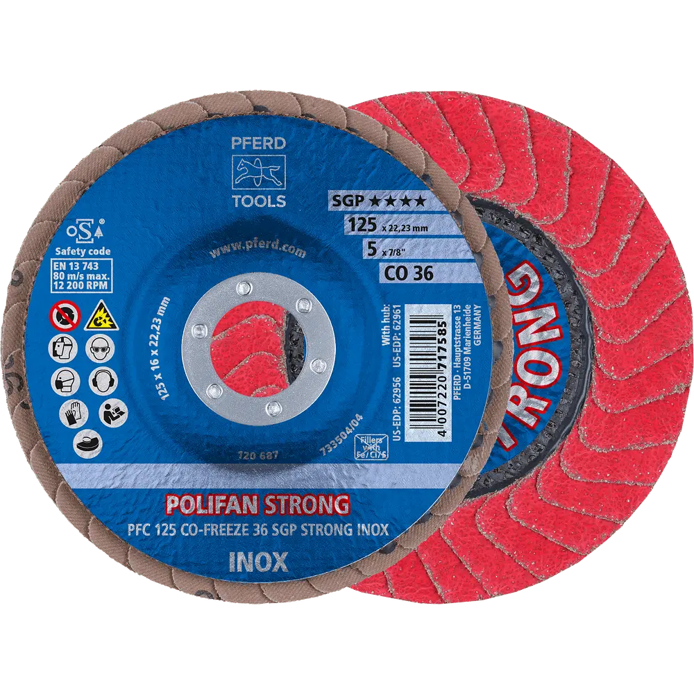 Produktfoto 1 von PFERD TOOLS POLIFAN STRONG Fächerscheibe PFC 125x22,23 mm konisch CO-FREEZE 36 SGP INOX für Edelstahl, 10 Stk.