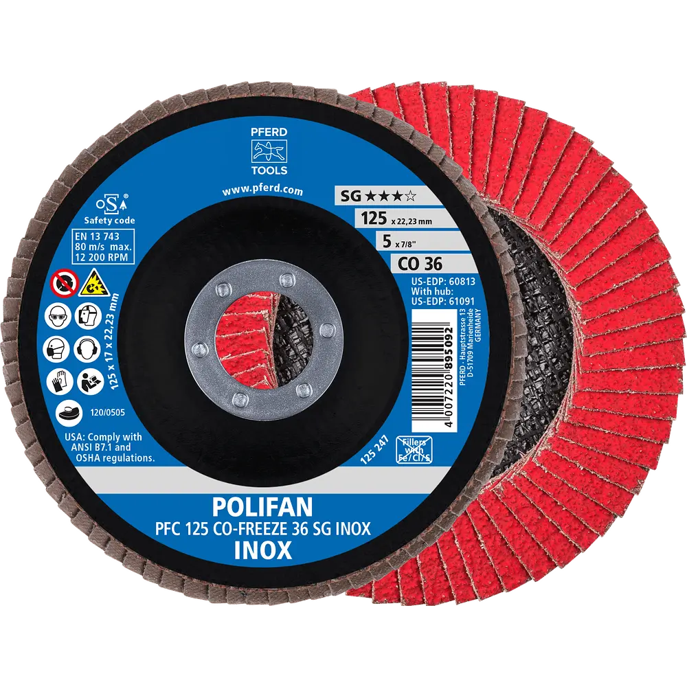 Produktfoto 1 von PFERD TOOLS POLIFAN Fächerscheibe PFC 125x22,23 mm konisch CO-FREEZE 36 SG INOX Edelstahl, 10 Stk.