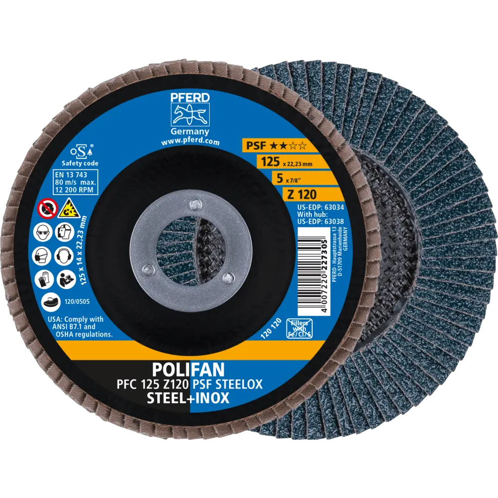 Produktfoto 1 von PFERD TOOLS POLIFAN Fächerscheibe PFC 125x22,23 mm konisch Z120 Uni.-Linie PSF STEELOX Stahl/Edelstahl, 5 Stk.