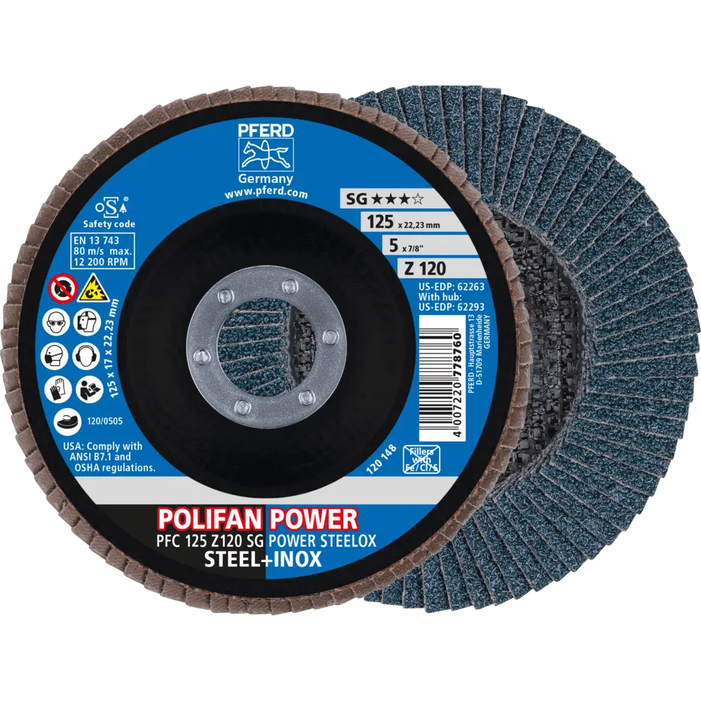 Produktfoto 1 von PFERD TOOLS POLIFAN POWER Fächerscheibe PFC 125x22,23 mm konisch Z120 SG STEELOX Stahl/Edelstahl, 10 Stk.