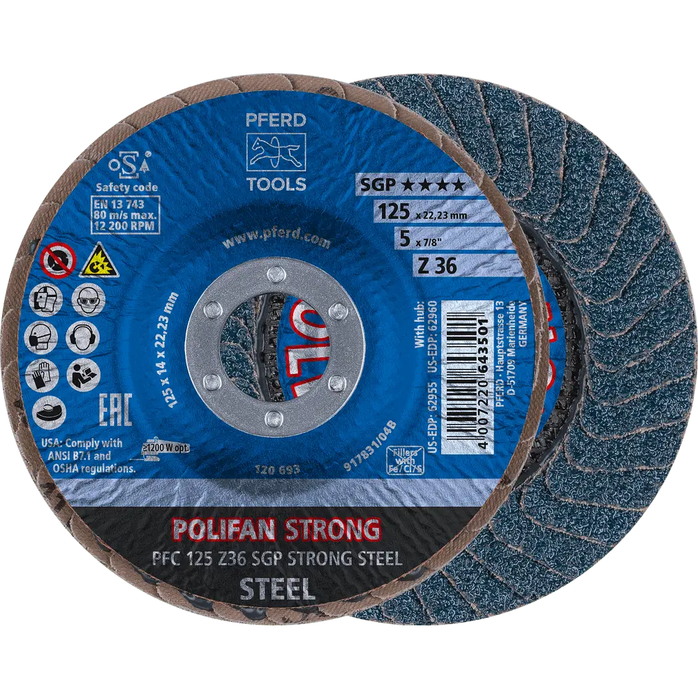 Produktfoto 1 von PFERD TOOLS POLIFAN STRONG Fächerscheibe PFC 125x22,23 mm konisch Z36 Speziallinie SGP STEEL für Stahl, 10 Stk.