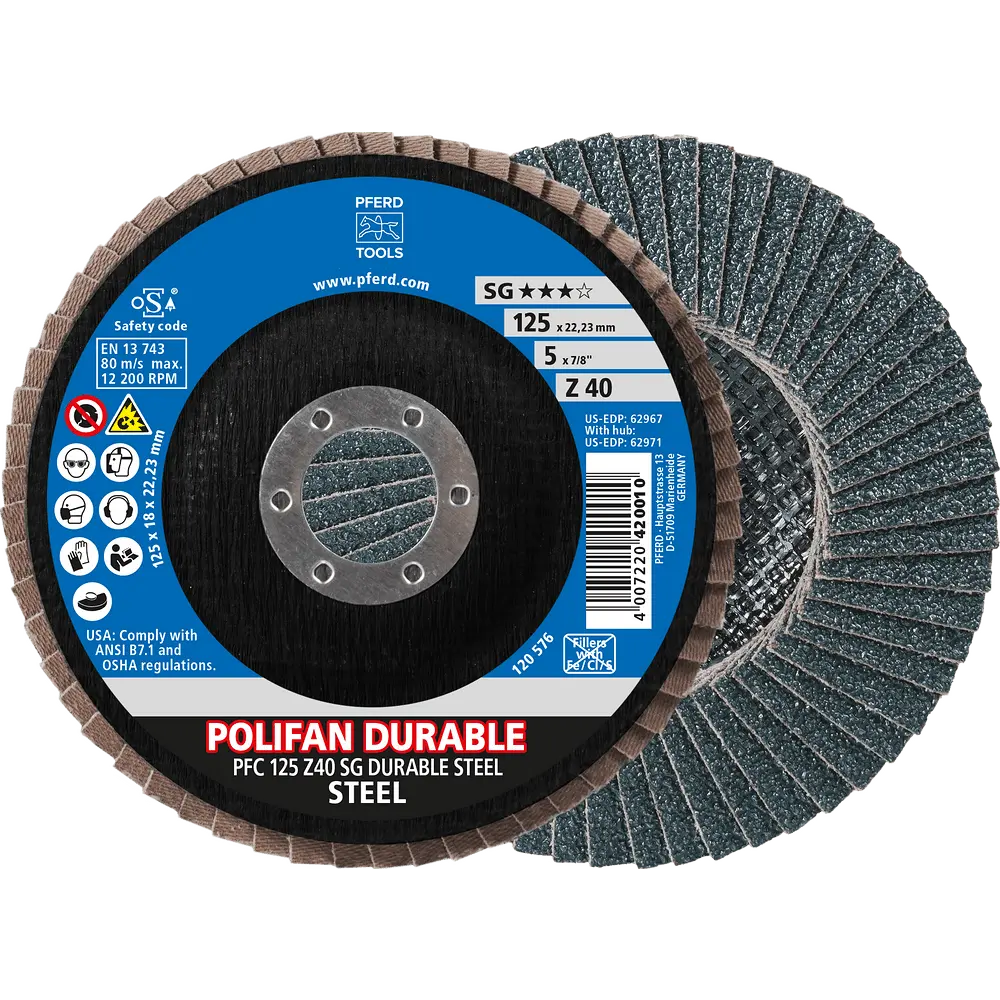 Produktfoto 1 von PFERD TOOLS POLIFAN POWER Fächerscheibe PFC 125x22,23 mm konisch Z40 Leistungslinie SG DURABLE STEEL für Stahl, 10 Stk.