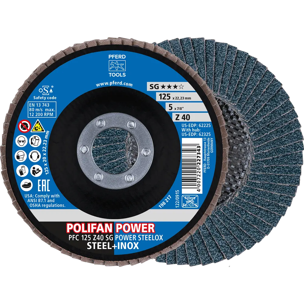 Produktfoto 1 von PFERD TOOLS POLIFAN POWER Fächerscheibe PFC 125x22,23 mm konisch Z40 SG STEELOX Stahl/Edelstahl (2), 2 Stk.