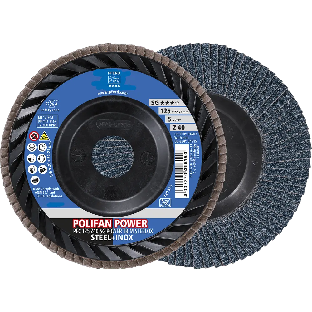 Produktfoto 1 von PFERD TOOLS POLIFAN POWER Fächerscheibe PFC 125x22,23 mm konisch Z40 Leistungslinie SG TRIM STEELOX für Stahl/Edelstahl, 10 Stk.