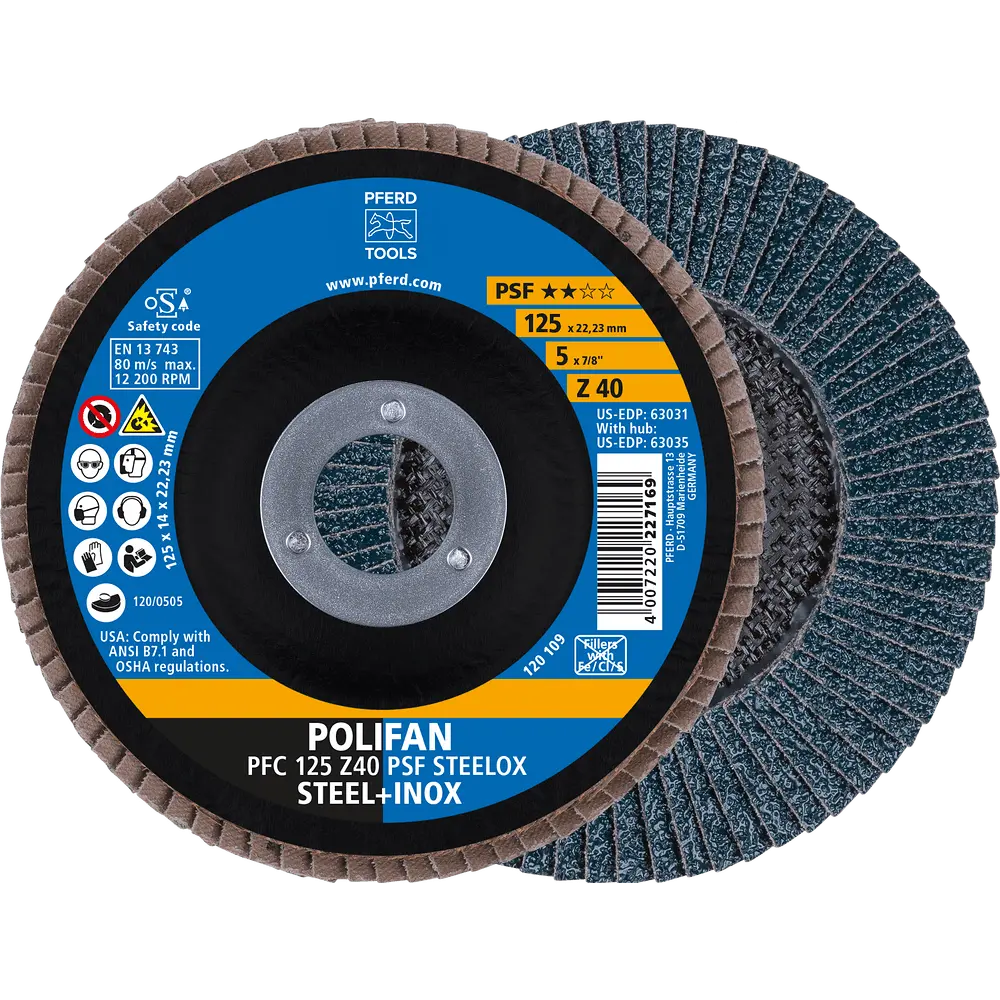 Produktfoto 1 von PFERD TOOLS POLIFAN Fächerscheibe PFC 125x22,23 mm konisch Z40 Uni.-Linie PSF STEELOX Stahl/Edelstahl, 5 Stk.