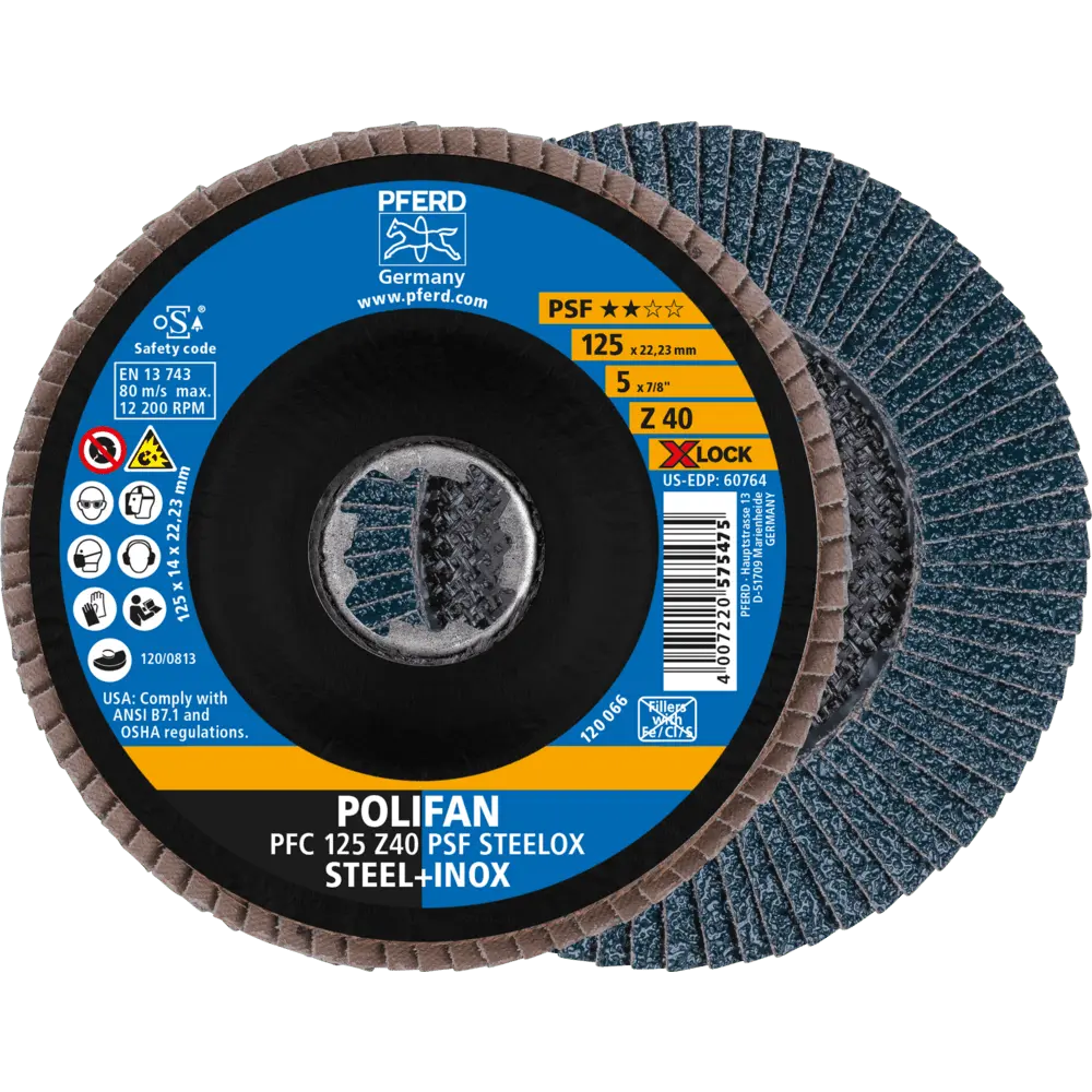 PFERD TOOLS POLIFAN Fächerscheibe PFC 125 mm X-LOCK konisch Z40 Uni.-Linie PSF STEELOX Stahl/Edelstahl, 10 Stk.