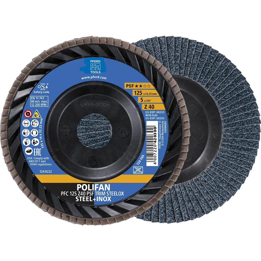Produktfoto 1 von PFERD TOOLS POLIFAN Fächerscheibe PFC 125x22,23 mm konisch Z40 Universallinie PSF TRIM STEELOX für Stahl/Edelstahl, 10 Stk.