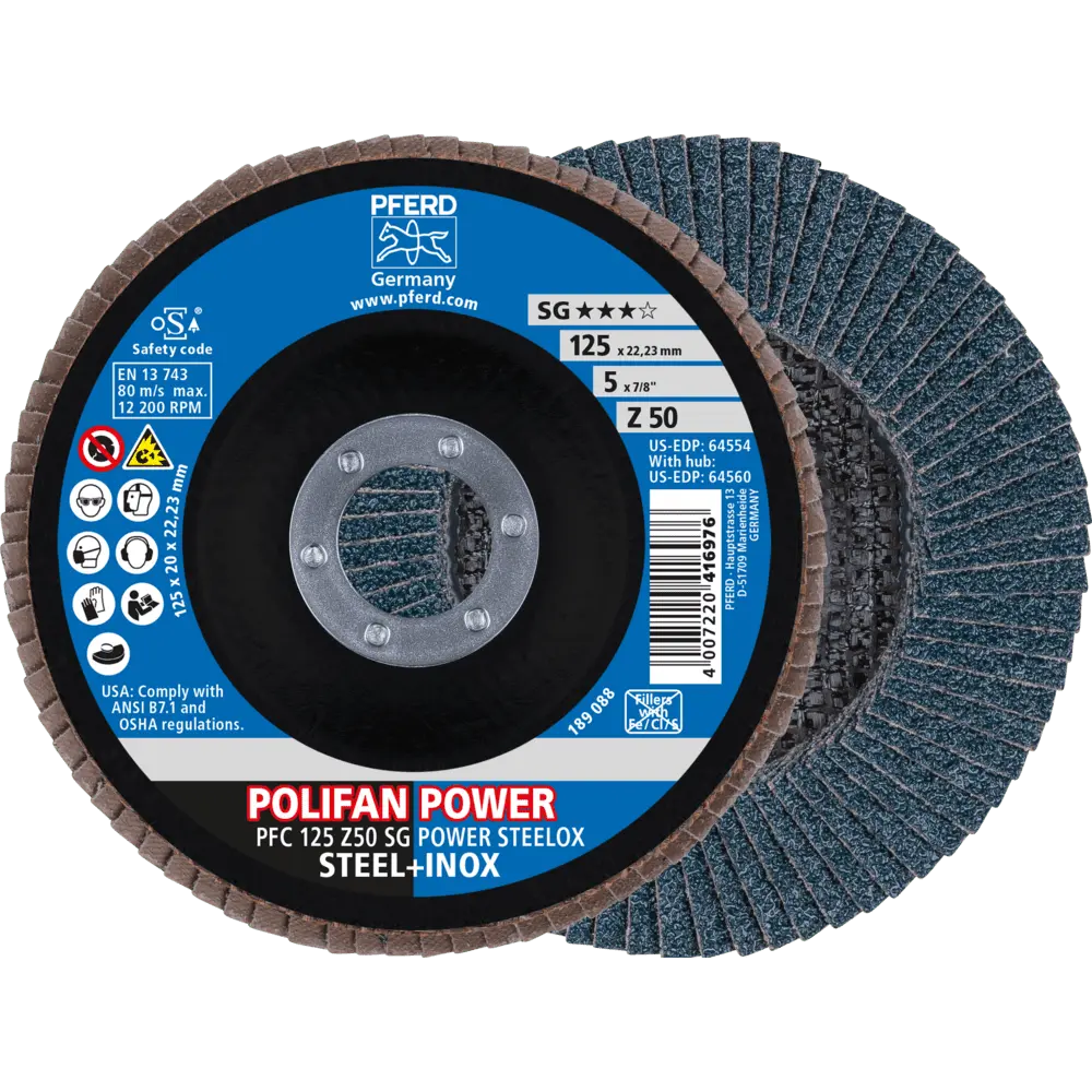 Produktfoto 1 von PFERD TOOLS POLIFAN POWER Fächerscheibe PFC 125x22,23 mm konisch Z50 Leistungslinie SG STEELOX für Stahl/Edelstahl, 10 Stk.