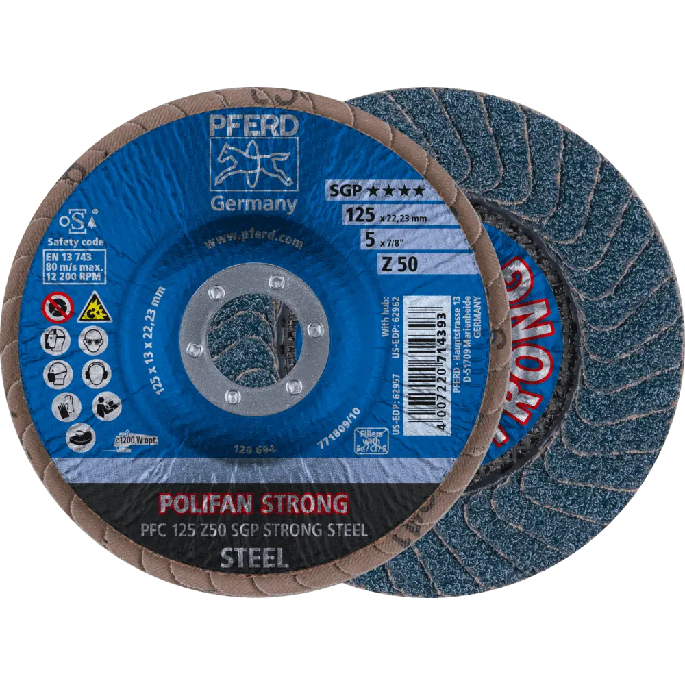 Produktfoto 1 von PFERD TOOLS POLIFAN STRONG Fächerscheibe PFC 125x22,23 mm konisch Z50 Speziallinie SGP STEEL für Stahl, 10 Stk.