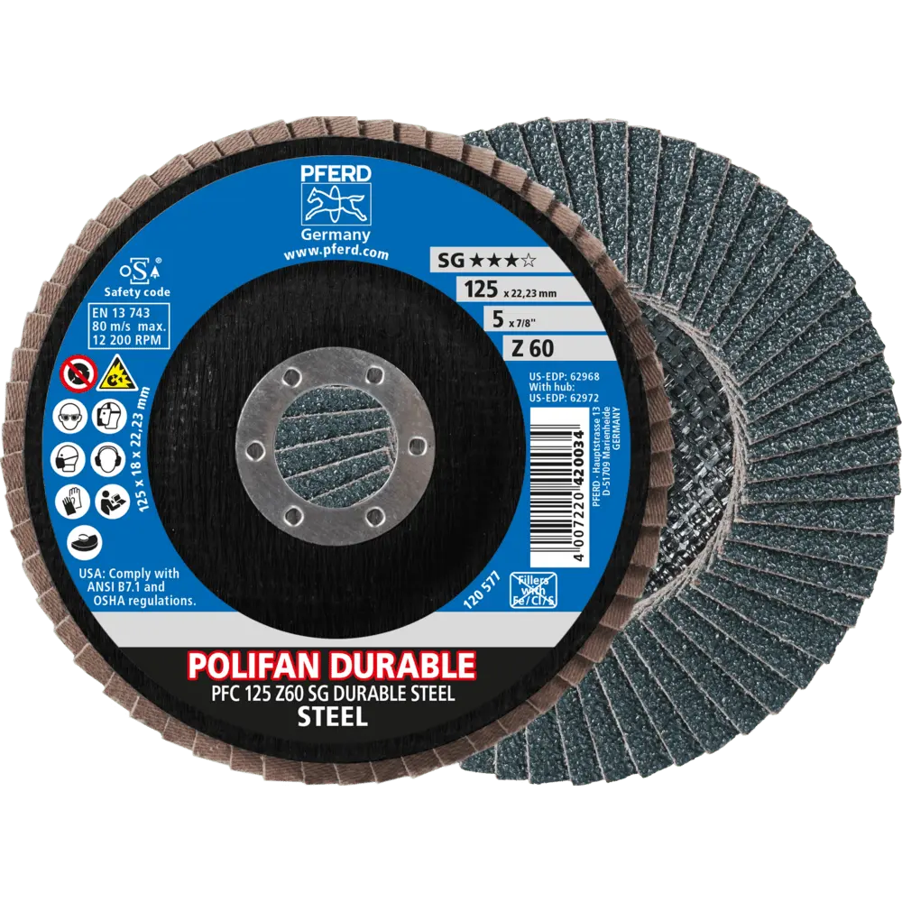 Produktfoto 1 von PFERD TOOLS POLIFAN POWER Fächerscheibe PFC 125x22,23 mm konisch Z60 Leistungslinie SG DURABLE STEEL für Stahl, 10 Stk.