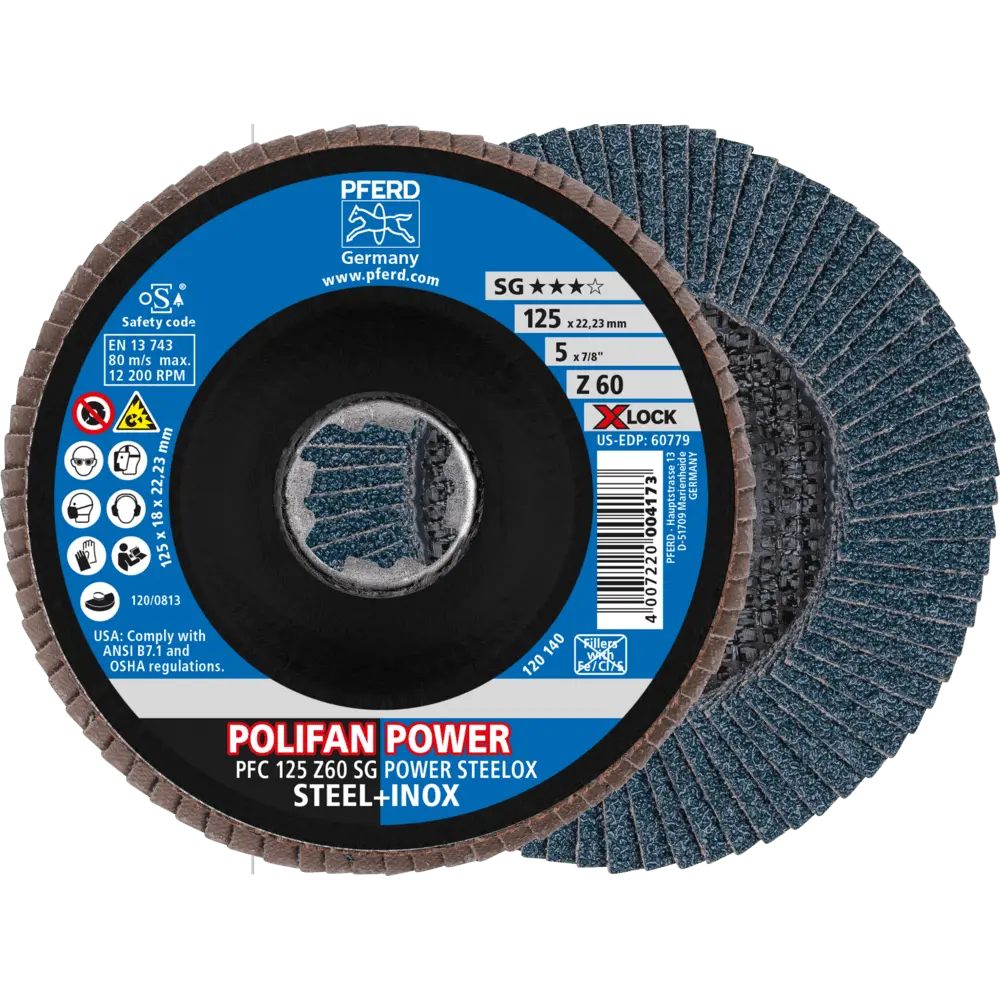 Produktfoto 1 von PFERD TOOLS POLIFAN POWER Fächerscheibe PFC 125 mm X-LOCK konisch Z60 SG STEELOX Stahl/Edelstahl, 10 Stk.