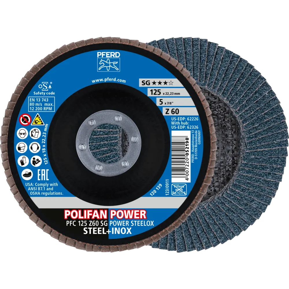 Produktfoto 1 von PFERD TOOLS POLIFAN POWER Fächerscheibe PFC 125x22,23 mm konisch Z60 SG STEELOX Stahl/Edelstahl, 10 Stk.