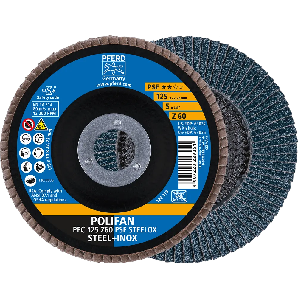 Produktfoto 1 von PFERD TOOLS POLIFAN Fächerscheibe PFC 125x22,23 mm konisch Z60 Uni.-Linie PSF STEELOX Stahl/Edelstahl (10), 10 Stk.