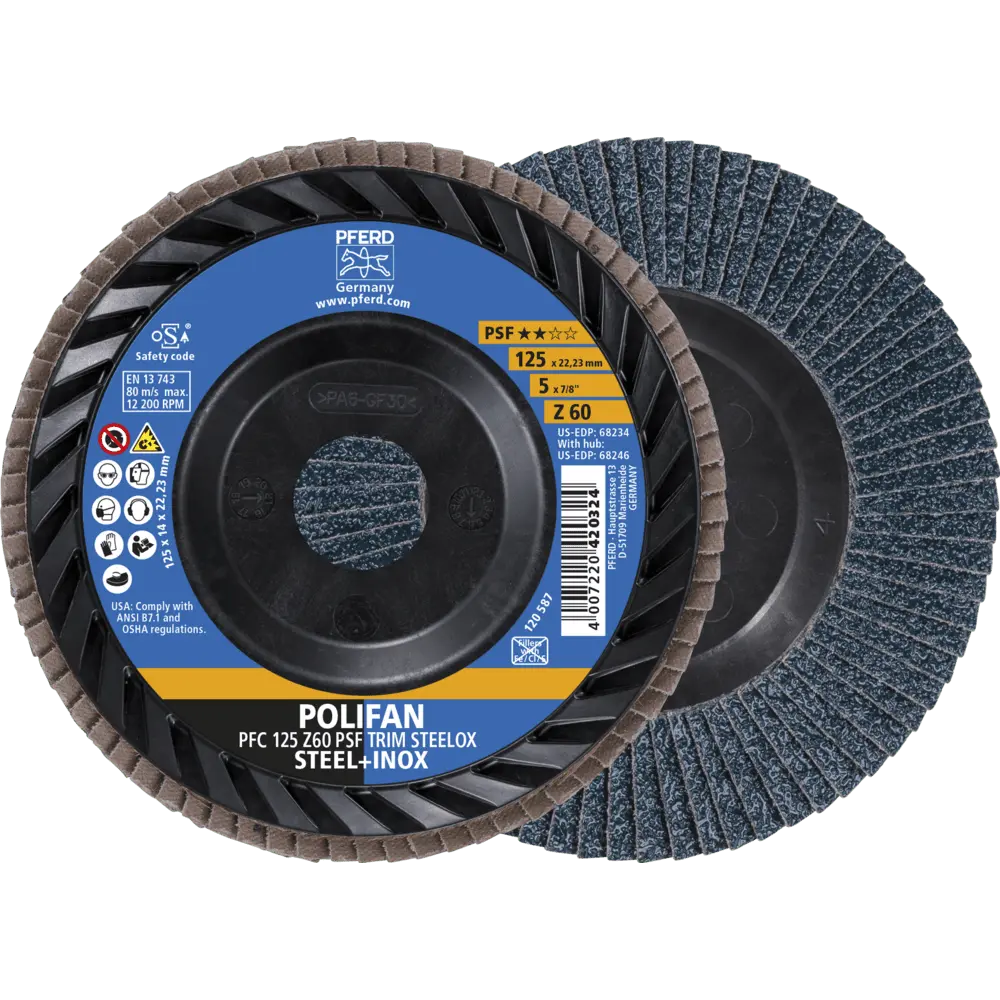 Produktfoto 1 von PFERD TOOLS POLIFAN Fächerscheibe PFC 125x22,23 mm konisch Z60 Universallinie PSF TRIM STEELOX für Stahl/Edelstahl, 10 Stk.