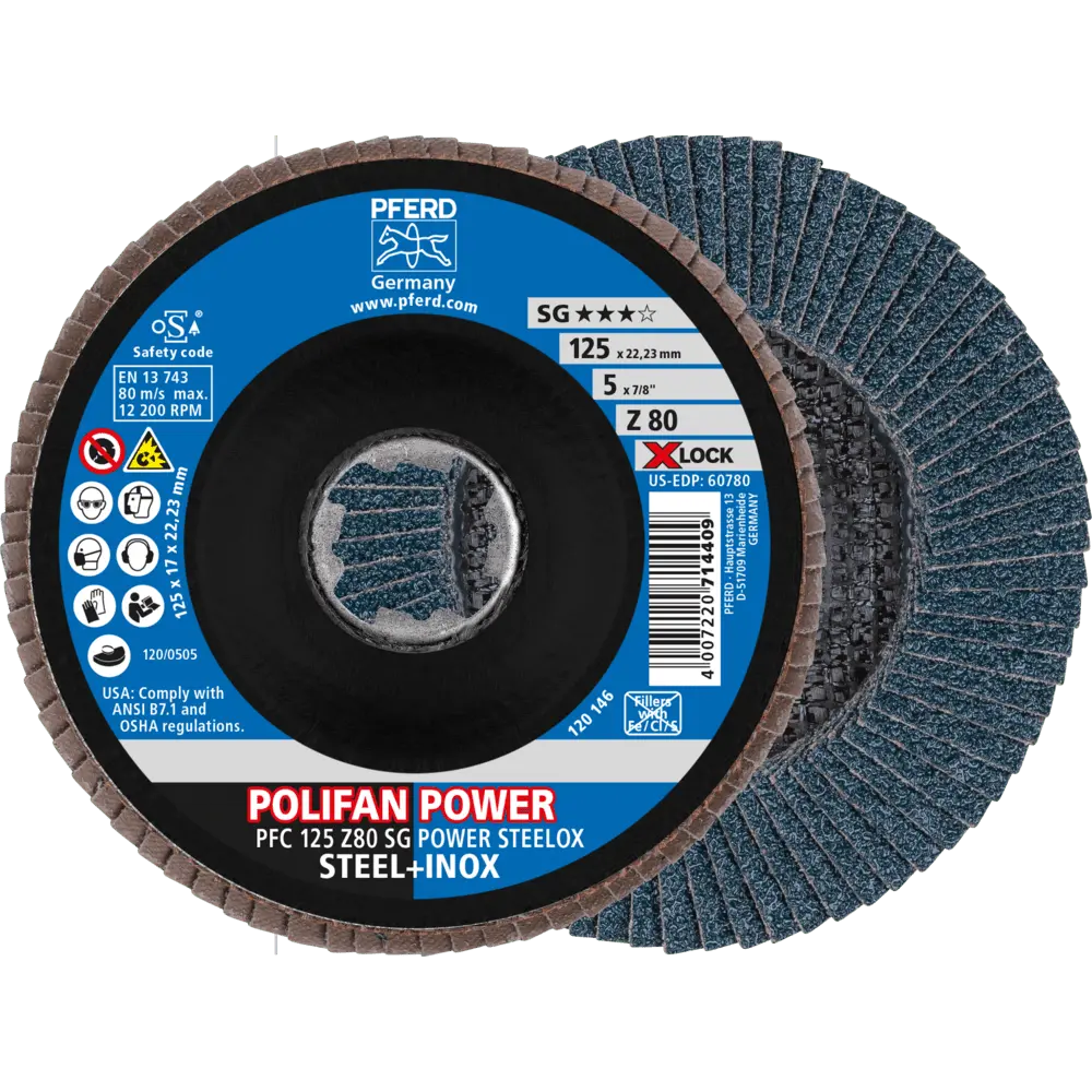 Produktfoto 1 von PFERD TOOLS POLIFAN POWER Fächerscheibe PFC 125 mm X-LOCK konisch Z80 SG STEELOX Stahl/Edelstahl, 10 Stk.