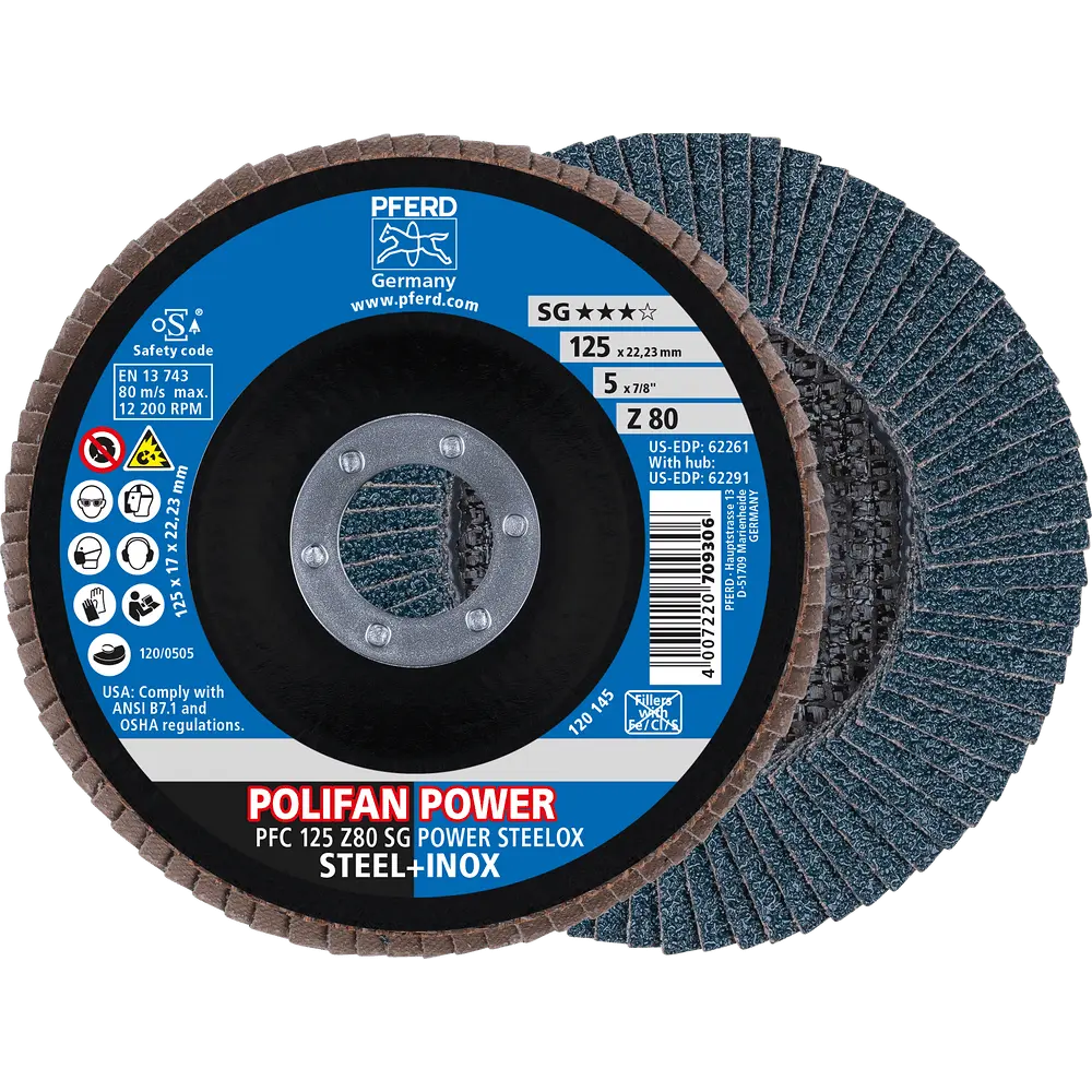 Produktfoto 1 von PFERD TOOLS POLIFAN POWER Fächerscheibe PFC 125x22,23 mm konisch Z80 SG STEELOX Stahl/Edelstahl, 10 Stk.