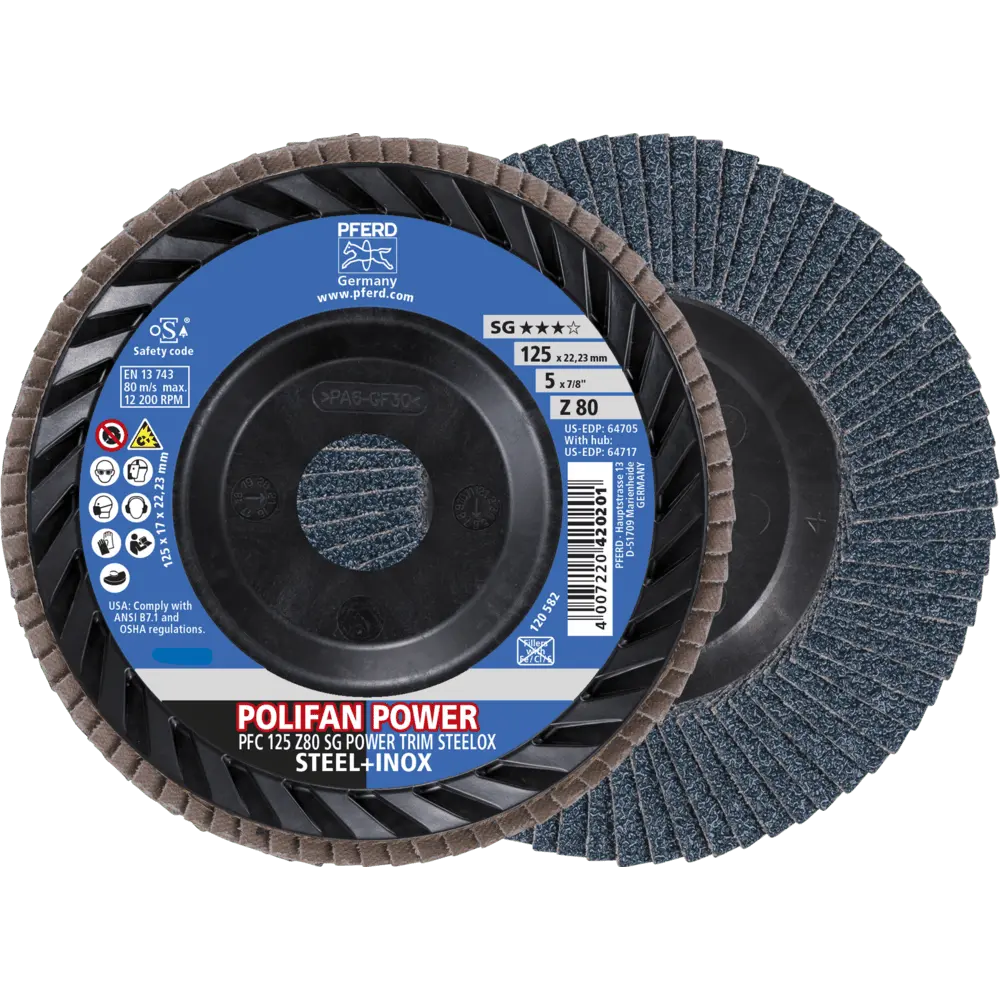 Produktfoto 1 von PFERD TOOLS POLIFAN POWER Fächerscheibe PFC 125x22,23 mm konisch Z80 Leistungslinie SG TRIM STEELOX für Stahl/Edelstahl, 10 Stk.