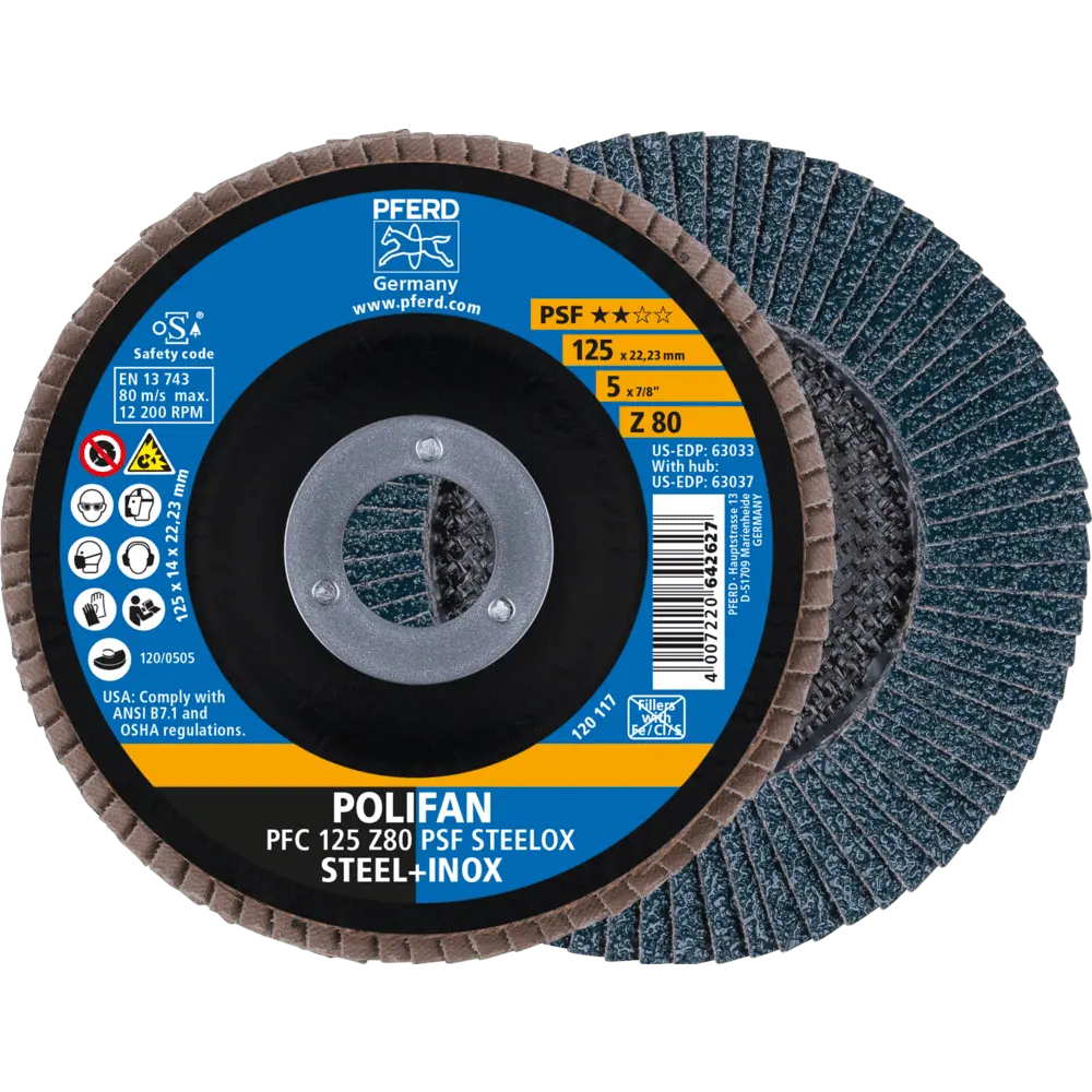 Produktfoto 1 von PFERD TOOLS POLIFAN Fächerscheibe PFC 125x22,23 mm konisch Z80 Uni.-Linie PSF STEELOX Stahl/Edelstahl, 5 Stk.