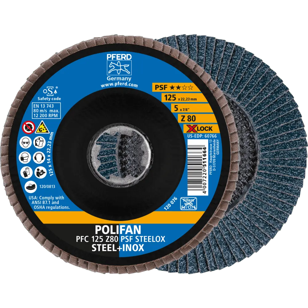 Produktfoto 1 von PFERD TOOLS POLIFAN Fächerscheibe PFC 125 mm X-LOCK konisch Z80 Uni.-Linie PSF STEELOX Stahl/Edelstahl, 10 Stk.