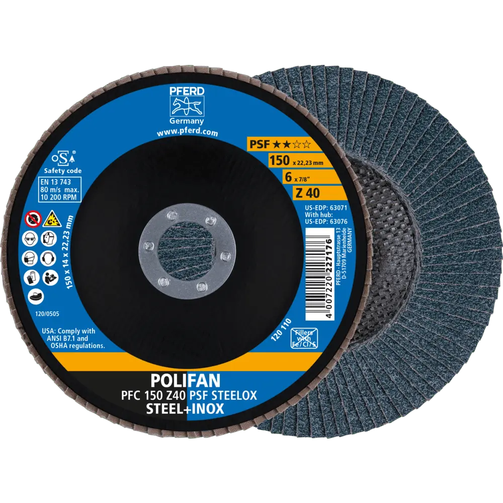 Produktfoto 1 von PFERD TOOLS POLIFAN Fächerscheibe PFC 150x22,23 mm konisch Z40 Uni.-Linie PSF STEELOX Stahl/Edelstahl, 10 Stk.