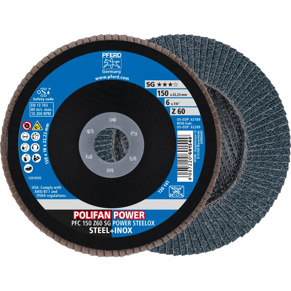 Produktfoto 1 von PFERD TOOLS POLIFAN POWER Fächerscheibe PFC 150x22,23 mm konisch Z60 SG STEELOX Stahl/Edelstahl, 10 Stk.