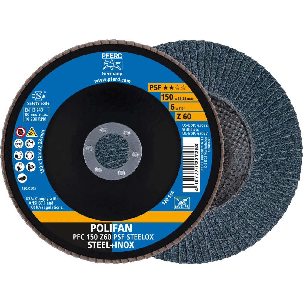 Produktfoto 1 von PFERD TOOLS POLIFAN Fächerscheibe PFC 150x22,23 mm konisch Z60 Uni.-Linie PSF STEELOX Stahl/Edelstahl, 10 Stk.
