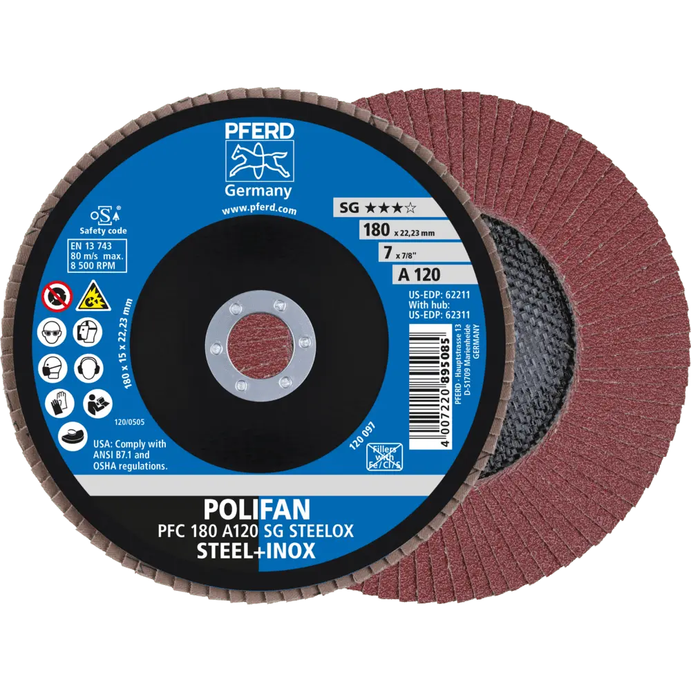 Produktfoto 1 von PFERD TOOLS POLIFAN Fächerscheibe PFC 180x22,23 mm konisch A120 SG STEELOX Stahl/Edelstahl, 10 Stk.
