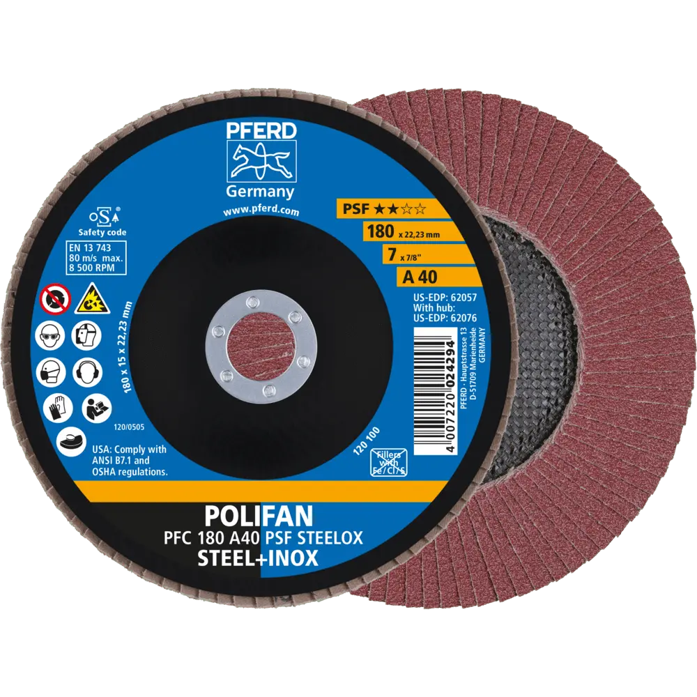 PFERD TOOLS POLIFAN Fächerscheibe PFC 180x22,23 mm konisch A40 Uni.-Linie PSF STEELOX Stahl/Edelstahl, 10 Stk.