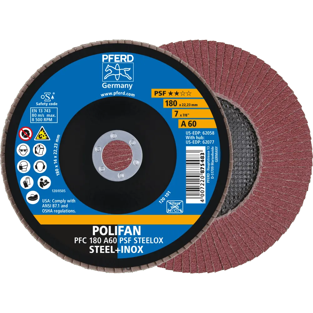 Produktfoto 1 von PFERD TOOLS POLIFAN Fächerscheibe PFC 180x22,23 mm konisch A60 Uni.-Linie PSF STEELOX Stahl/Edelstahl, 10 Stk.