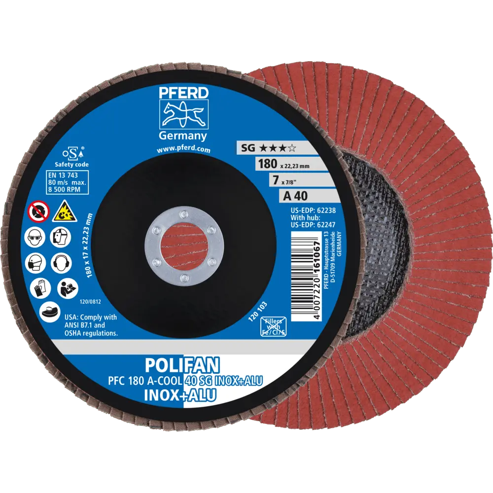 Produktfoto 1 von PFERD TOOLS POLIFAN Fächerscheibe PFC 180x22,23 mm konisch A-COOL 40 SG INOX+ALU Edelstahl/Alu, 10 Stk.
