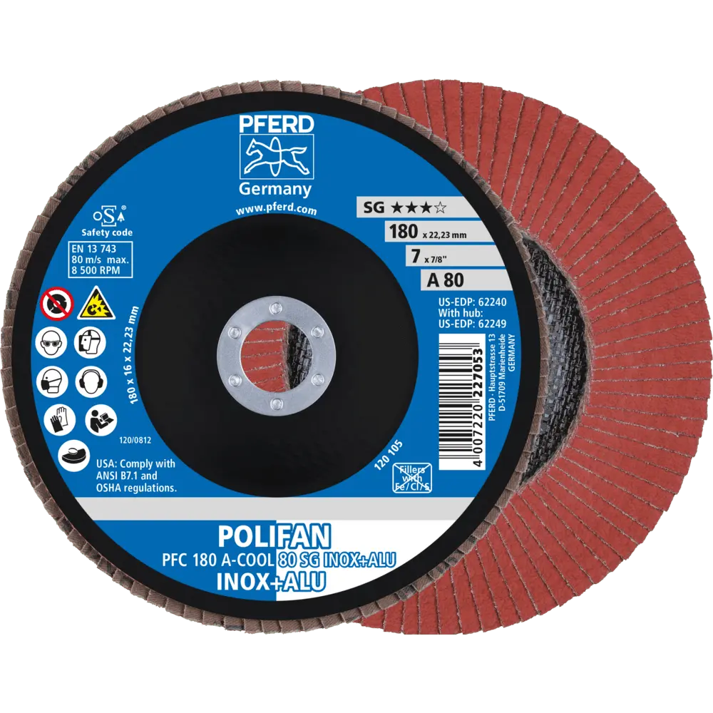 Produktfoto 1 von PFERD TOOLS POLIFAN Fächerscheibe PFC 180x22,23 mm konisch A-COOL 80 SG INOX+ALU Edelstahl/Alu, 10 Stk.