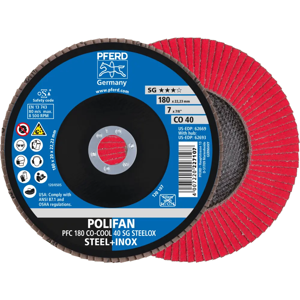 Produktfoto 1 von PFERD TOOLS POLIFAN Fächerscheibe PFC 180x22,23 mm konisch CO-COOL 40 SG STEELOX Stahl/Edelstahl, 10 Stk.