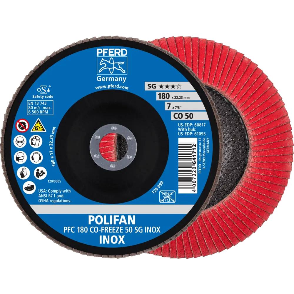 Produktfoto 1 von PFERD TOOLS POLIFAN Fächerscheibe PFC 180x22,23 mm konisch CO-FREEZE 50 SG INOX Edelstahl, 10 Stk.