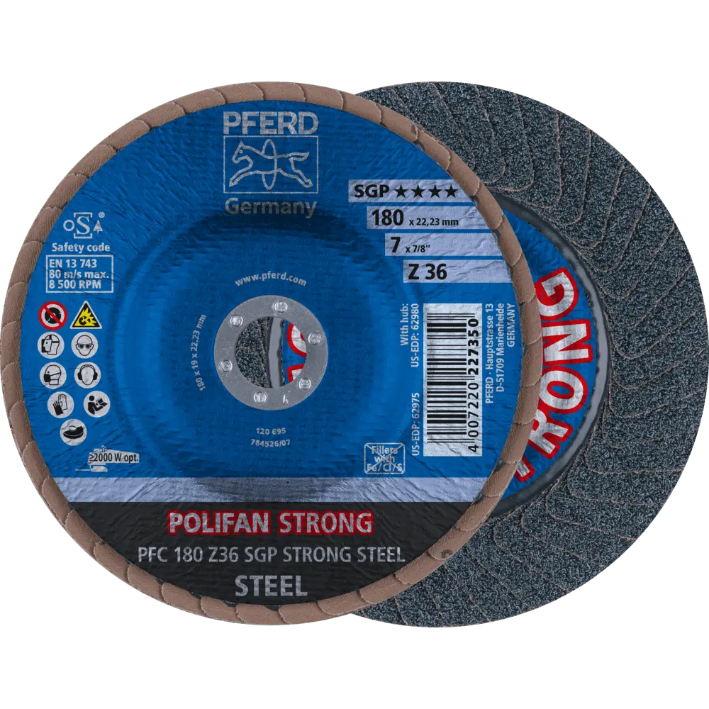 Produktfoto 1 von PFERD TOOLS POLIFAN STRONG Fächerscheibe PFC 180x22,23 mm konisch Z36 Speziallinie SGP STEEL für Stahl, 10 Stk.