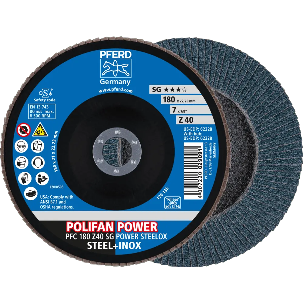 Produktfoto 1 von PFERD TOOLS POLIFAN POWER Fächerscheibe PFC 180x22,23 mm konisch Z40 SG STEELOX Stahl/Edelstahl, 10 Stk.