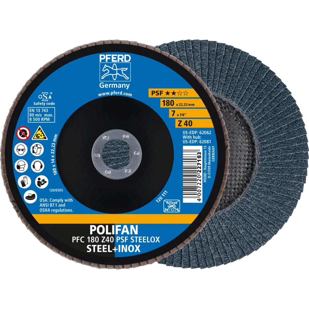Produktfoto 1 von PFERD TOOLS POLIFAN Fächerscheibe PFC 180x22,23 mm konisch Z40 Uni.-Linie PSF STEELOX Stahl/Edelstahl, 10 Stk.