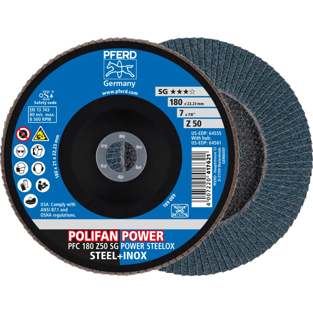 Produktfoto 1 von PFERD TOOLS POLIFAN POWER Fächerscheibe PFC 180x22,23 mm konisch Z50 Leistungslinie SG STEELOX für Stahl/Edelstahl, 10 Stk.